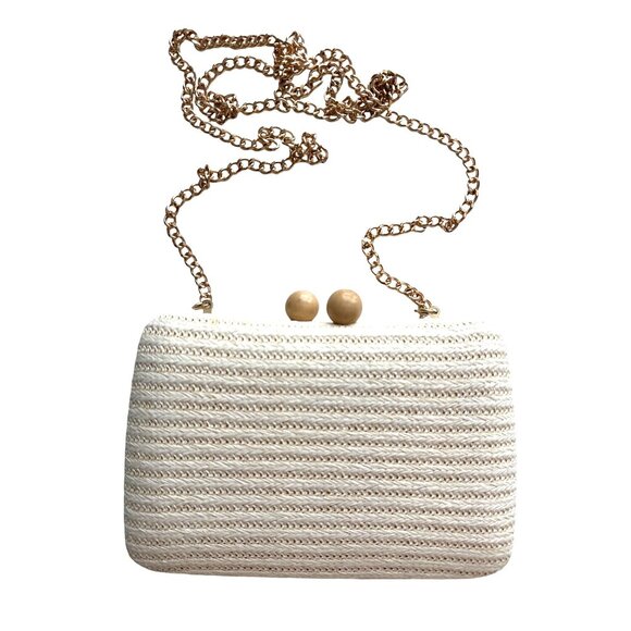 Haute Hippie Straw Hard Case Embroidered Gold Chain Crossbody Boho Bag - Picture 5 of 8